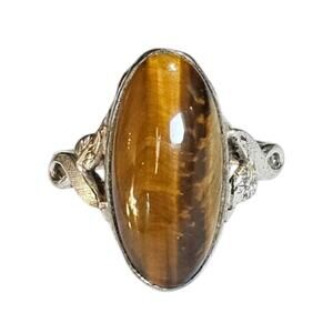 Vintage Clark & Coombs <C&C> Sterling Tiger's Eye Ring Size 6 Rhodium Finish